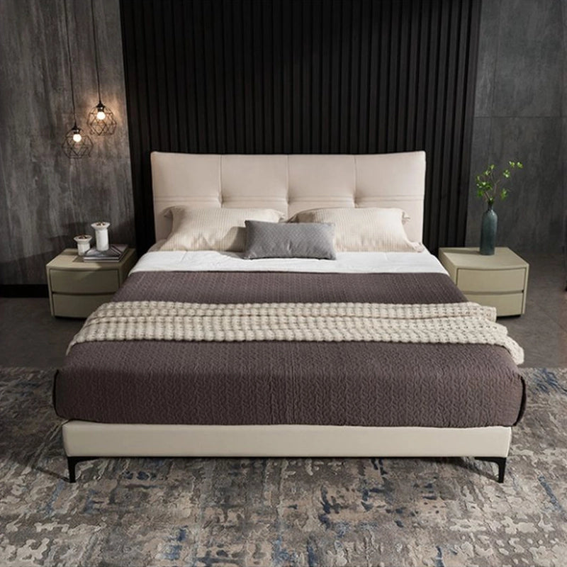 Nurture bed for king size mattress with upholstered bed construction, master bedroom appeal and sleek modern bed frame proportions