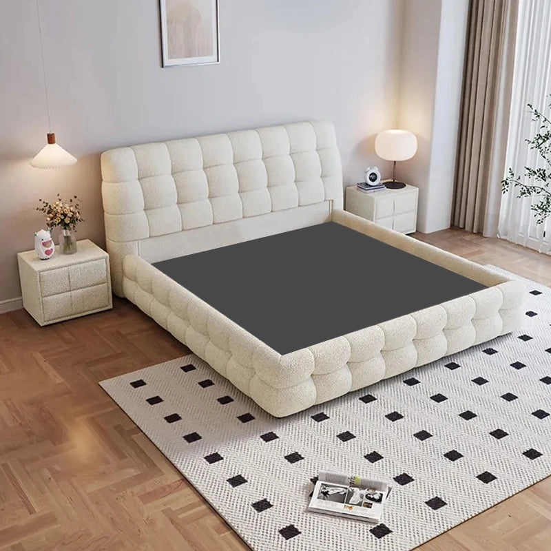 Pelican bed for king size mattress with upholstered bed construction, master bedroom bed design and low profile platform bed styling