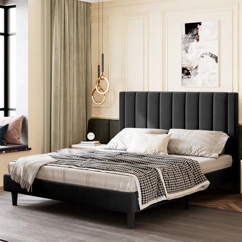 Quenric bed for king size mattress with upholstered bed construction, master bedroom bed design appeal and sleek platform frame aesthetics