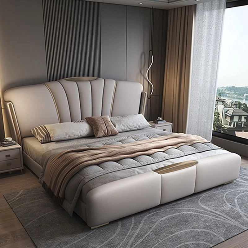 Tomar bed for king size mattress with upholstered bed construction, master bedroom bed design, padded footboard and contemporary platform silhouette