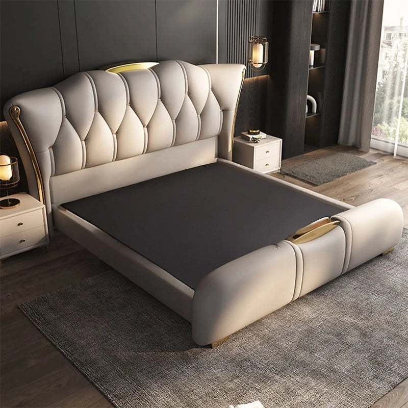 Verona bed for king size mattress with upholstered bed construction, master bedroom bed design, gold accents and elegant contemporary styling