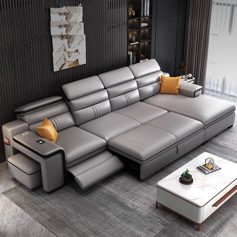 Cyris Sofa Cumm Bed with grey leatherette design, wireless charger, 3-seater seating, durable wood frame and convertible sofa bed functionality.