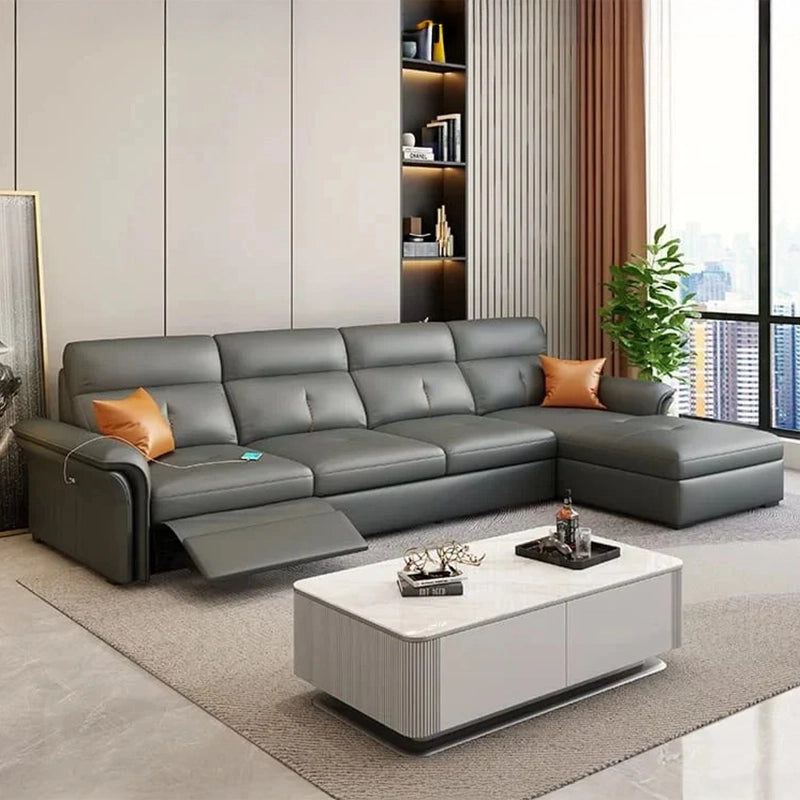 Juno Sofacumbed with grey leatherette finish, convertible sofa bed design, USB charging port, recliner footrest, sleeper sofa comfort and sofa to bed functionality for modern homes