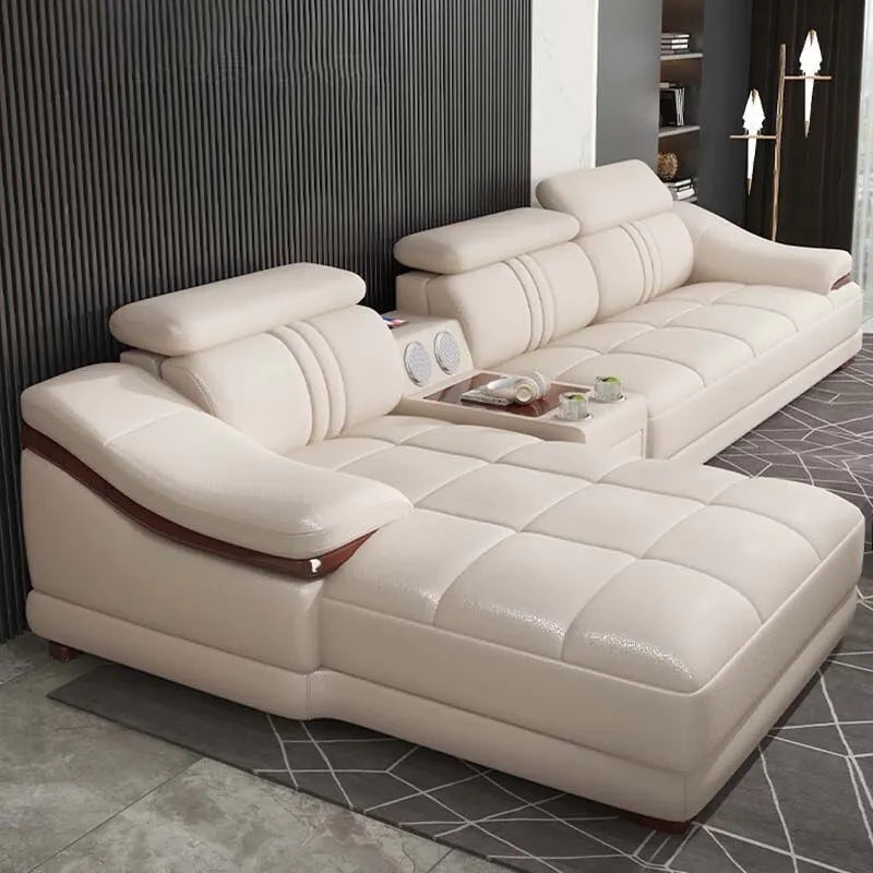 Phoenix luxury L shape sofa set with speaker console, cup holders, grey leatherette finish and modern corner sofa design