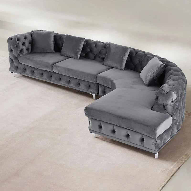 Left side view of Polonium Chesterfield L shape sofa set with corner sofa configuration, luxury sofa comfort, velvet sofa upholstery and spacious 5 seater sofa layout