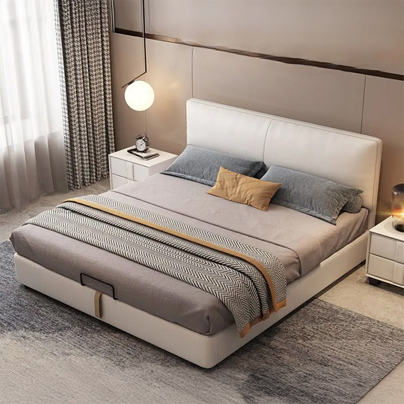 Queen size upholstered bed featuring hydraulic storage bed functionality, bed with storage convenience and an elegant dual-panel upholstered headboard