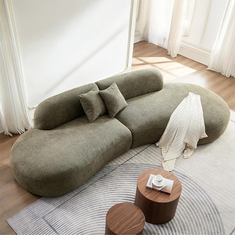Left side view of Sonnet luxury couch in brown bouclé fabric featuring lounge sofa comfort, 3 seater sofa seating, rounded profile and sophisticated living room sofa aesthetics