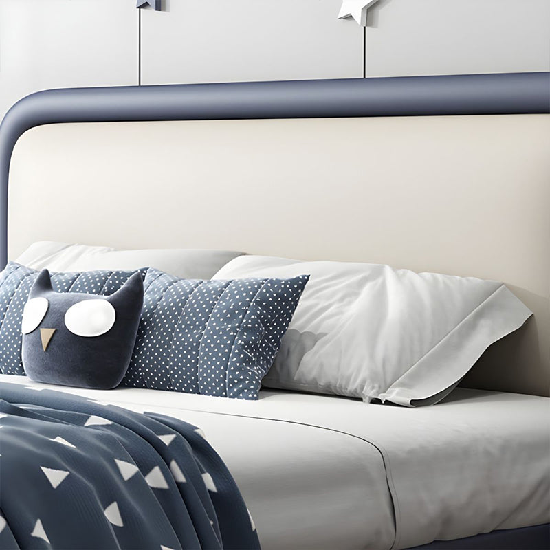 King size upholstered bed with storage featuring modern bed frame construction, dual-tone faux leather upholstery and spacious drawer storage