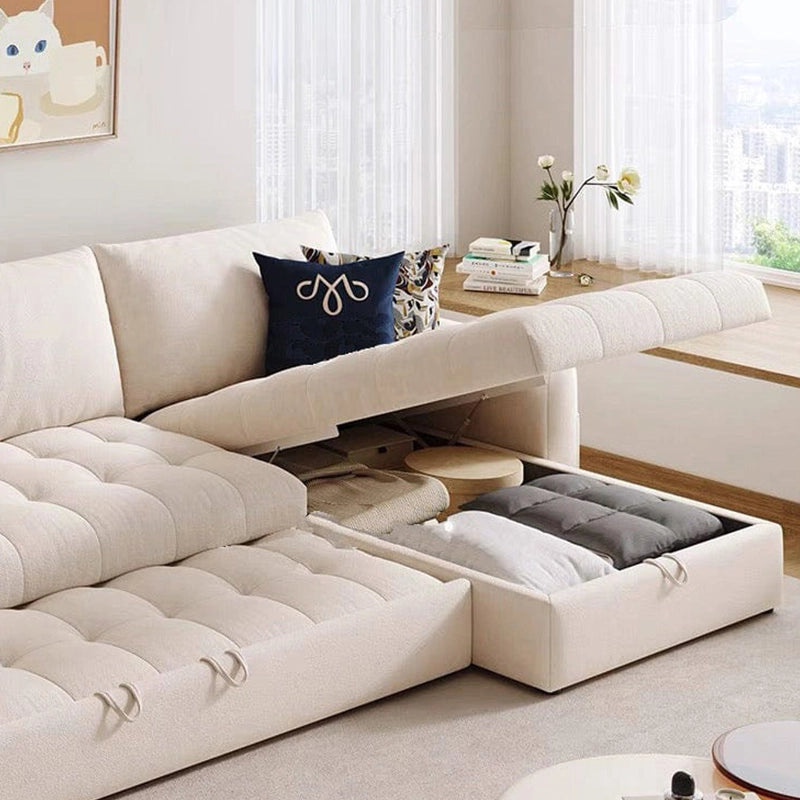 Detailed view of Vesper L shape sofa cum bed featuring sofacum bed practicality, hidden chaise storage and space-saving functionality for compact homes