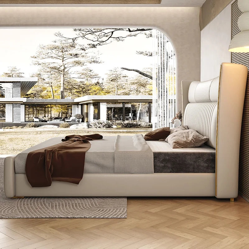 Luxury upholstered bed with king size upholstered bed dimensions, diamond tufted headboard, premium leatherette finish and sophisticated modern bed frame styling