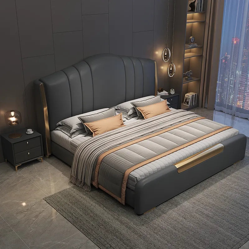 Luxury upholstered bed featuring king size upholstered bed dimensions, master bedroom elegance, wingback headboard and contemporary bed frame design