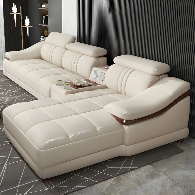 Deep cushioned Phoenix L shape sofa set with cream leatherette finish, right chaise layout and latest living room sofa design