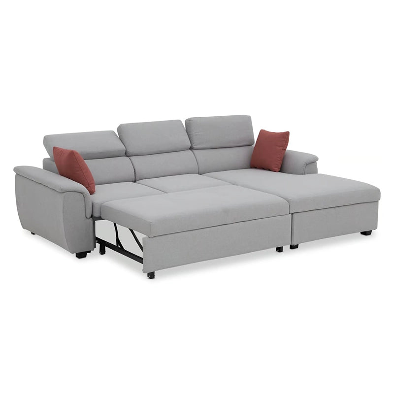 Sarnis pull out sofa bed converted into sleeping position showcasing sofa cumm bed convenience, convertible couch bed functionality and spacious bed surface