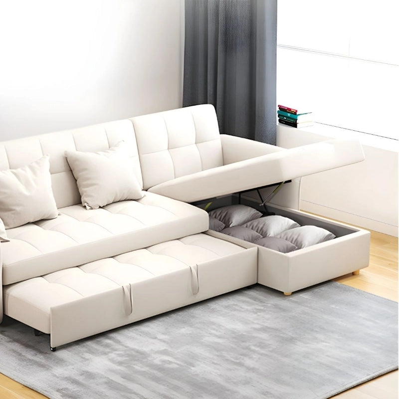 Top view of sofa cumm bed showcasing couch bed practicality, hidden storage chaise compartment and multifunctional space-saving design