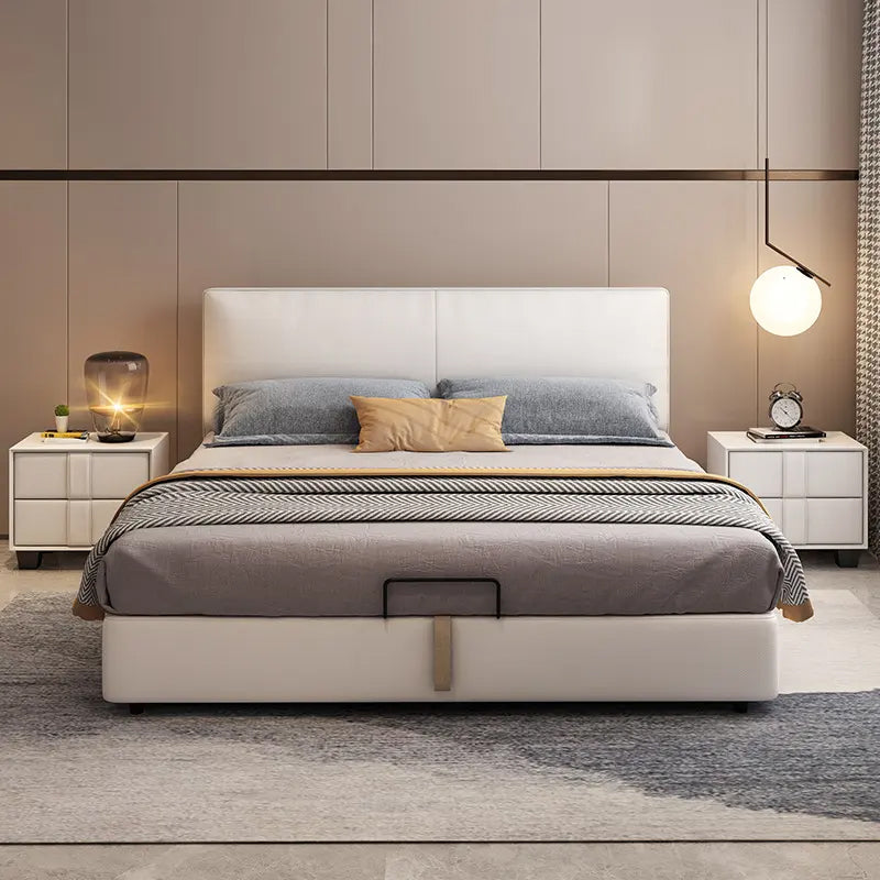 Upholstered bed with king size bed storage showing hydraulic lift mechanism, spacious storage compartment and durable bed frame construction