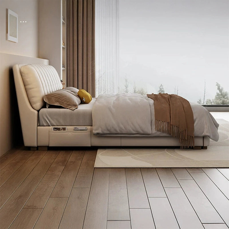 Upholstered bed with storage drawers showing bed cot with storage functionality, king size bed dimensions and organized bedroom storage solutions