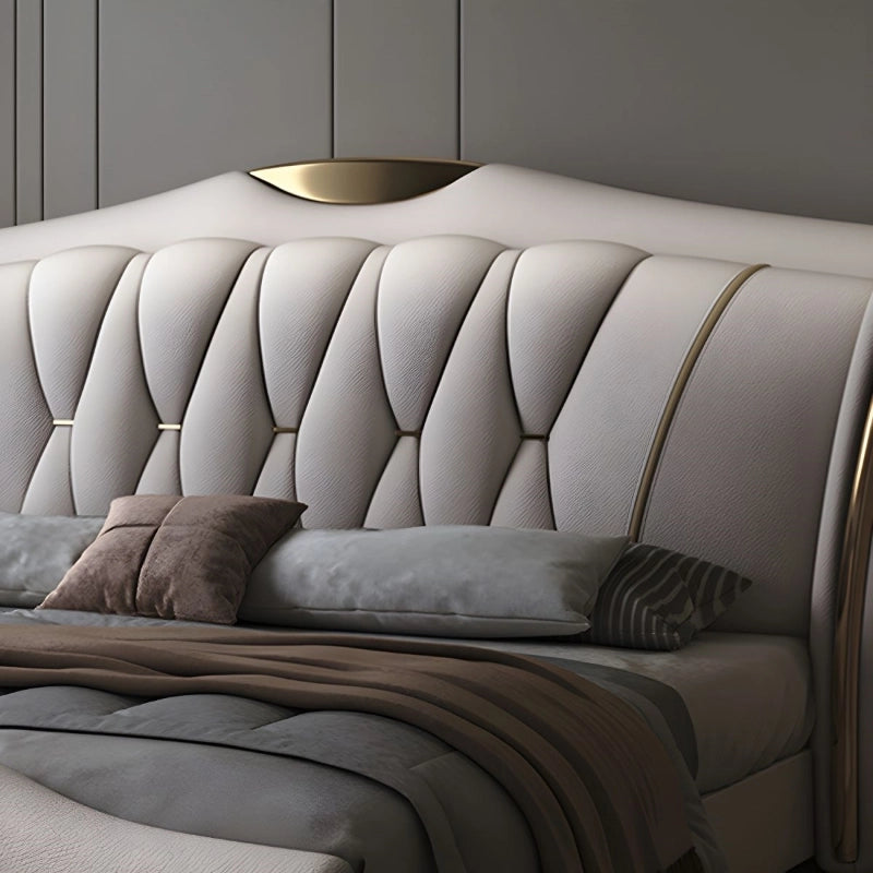Spear upholstered bed with optional hydraulic storage bed functionality, bed with storage compartment, beige leatherette finish and sturdy Neem wood frame