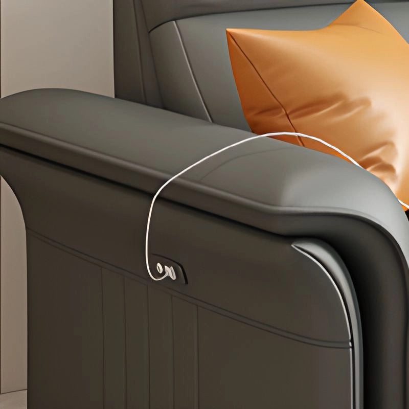 Juno Sofacumbed featuring contemporary sofa cum bed design, recliner footrest, grey leatherette upholstery and smooth sofa to bed conversion