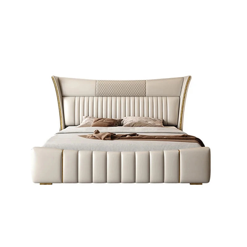Hero view of Shell upholstered bed combining king size upholstered bed comfort, wingback headboard elegance, gold accents and luxury master bedroom appeal