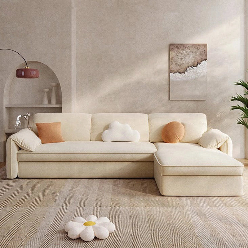 Modern apartment living room featuring L shape sofa cum bed with sofacumbed versatility, hidden storage chaise and contemporary interior appeal