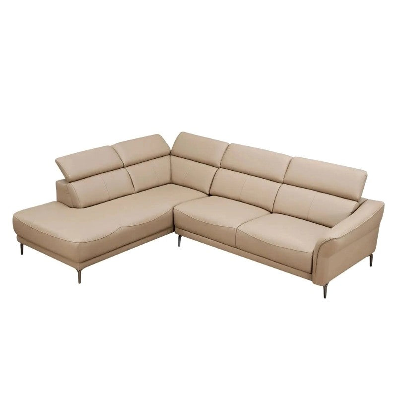 Beige Leather Sofa Set with L Shape Sofa design, modern corner sofa comfort, adjustable headrests and luxury living room seating on a white background