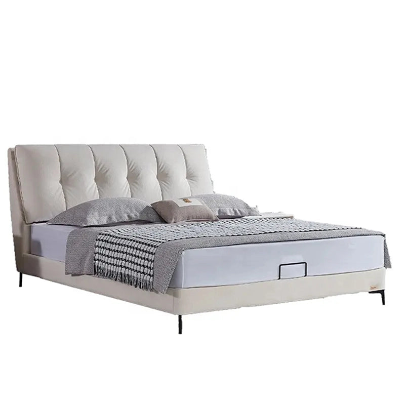 Luxury upholstered bed with king size upholstered bed dimensions, channel tufted headboard and sophisticated modern bedroom styling