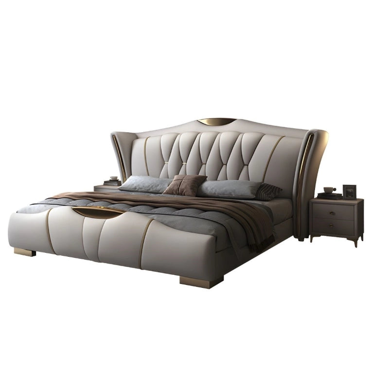 Hero view of Spear luxury upholstered bed combining king size upholstered bed comfort, wingback headboard, gold accents and sophisticated master bedroom appeal