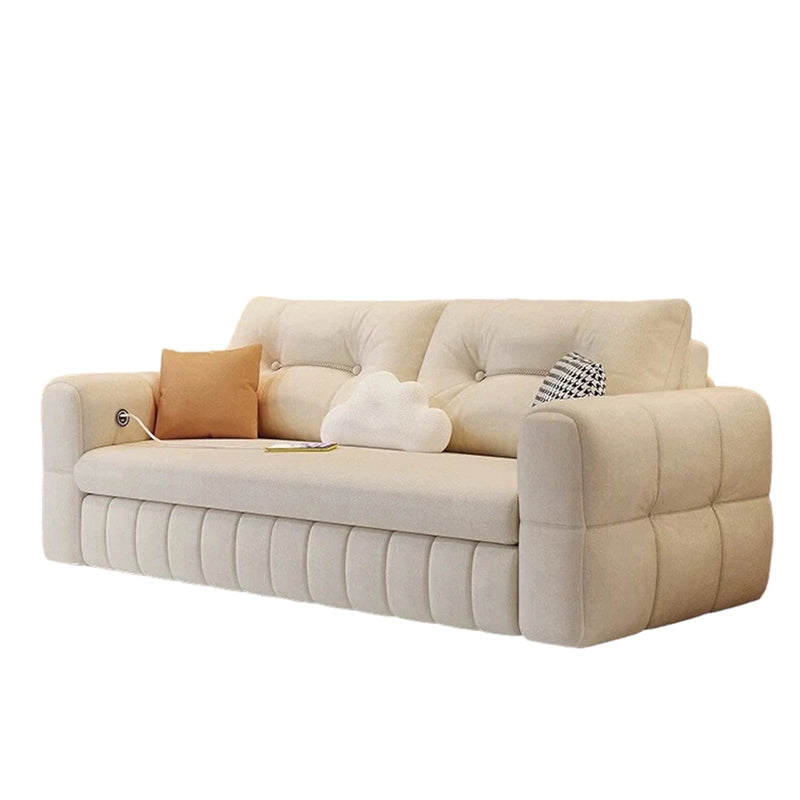 Thick cushion layout in neutral beige with sofa bed design and convertible couch sleeper comfort