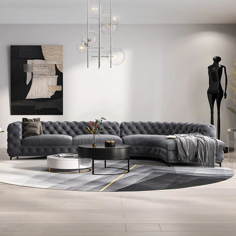 Top angle view of Polonium Chesterfield velvet sofa with luxury sofa detailing, L shape sofa layout and contemporary living room sofa design