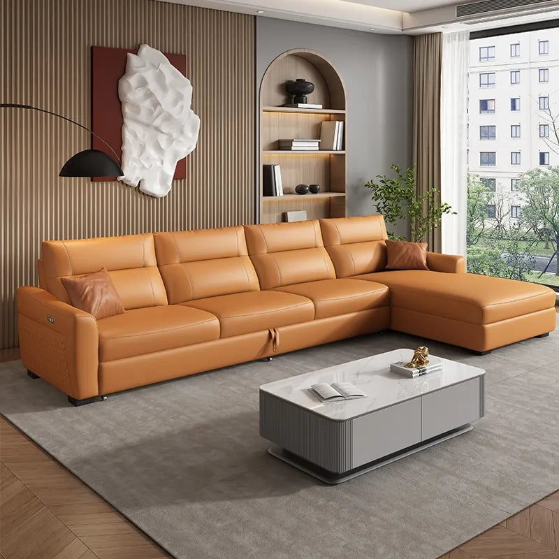 Modern living room view of Poplar sectional sofa bed featuring L shape sofa cum bed layout, convertible sofa bed functionality, sleeper sofa comfort and faux leather upholstery