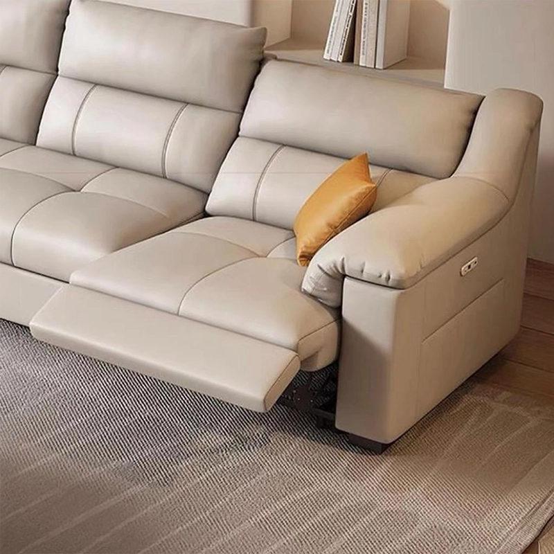 Ralis Sofa Cumm Bed in beige leatherette with contemporary sofa sleeper design, mustard pillows, quilted detailing and convertible sofa bed functionality.
