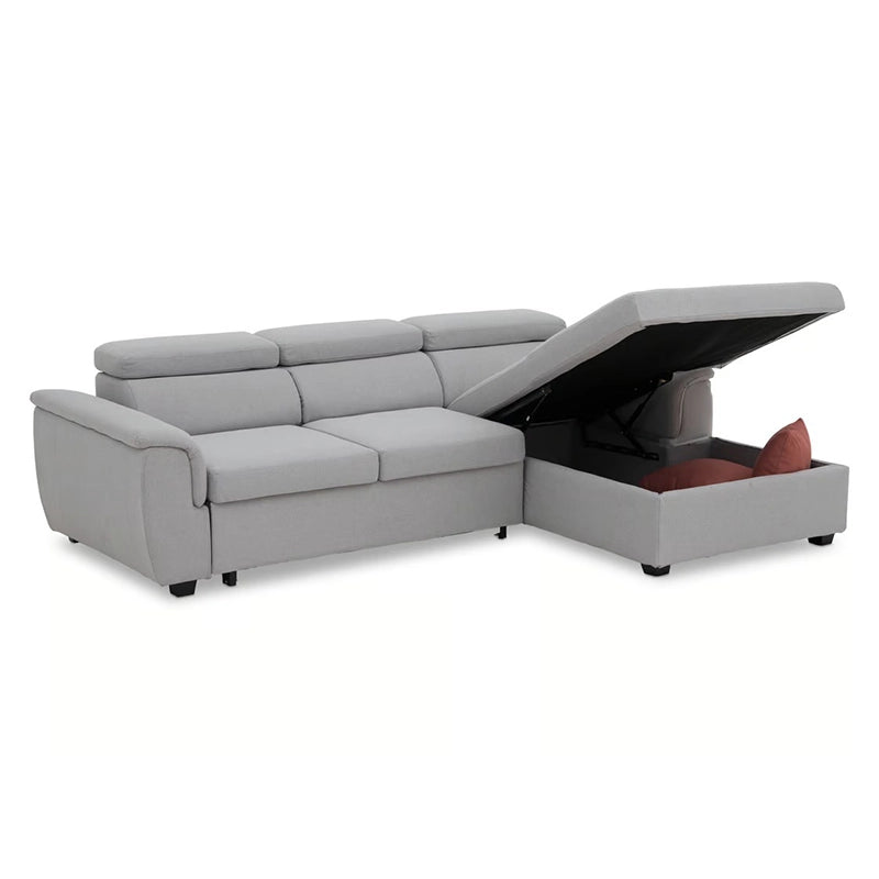 Top view of Sarnis storage sofa cum bed highlighting hidden chaise storage compartment, sofa cum bed design and practical space-saving features