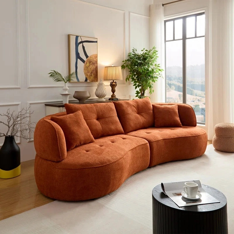 Top angle view of Selestial curved sofa with luxury sofa set appeal, premium fabric sofa upholstery, lounge sofa comfort and organic flowing shape