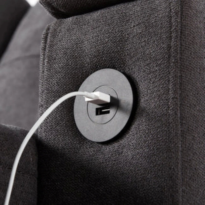 Close-up view of sofa cum bed with USB charging port, sofacumbed convenience, integrated side pockets and modern armrest storage features