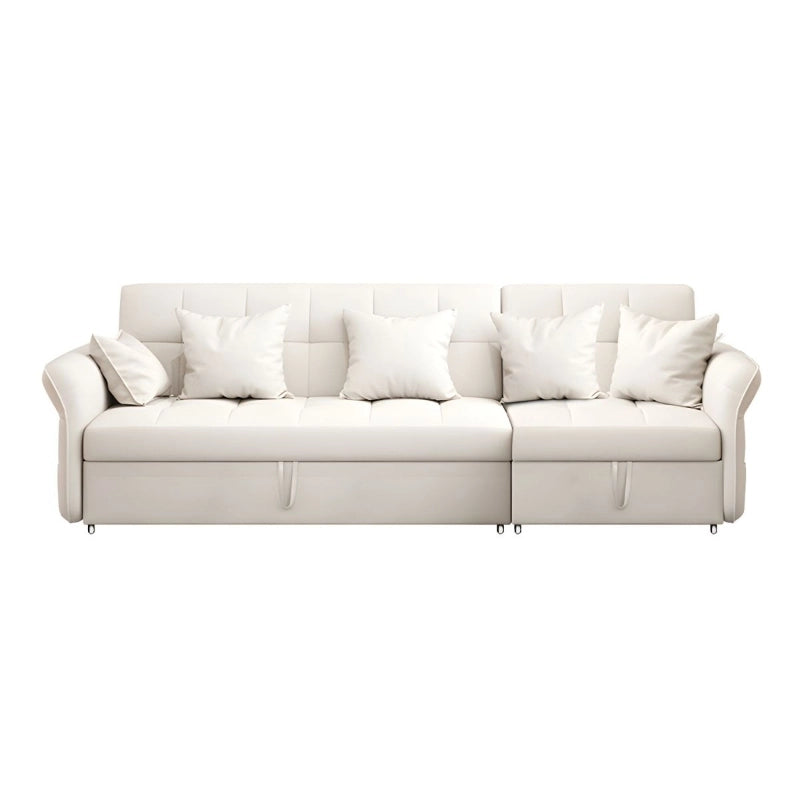 Detail view of storage sofa cum bed featuring sofacumbed convenience, integrated side pockets, woven fabric upholstery and everyday utility
