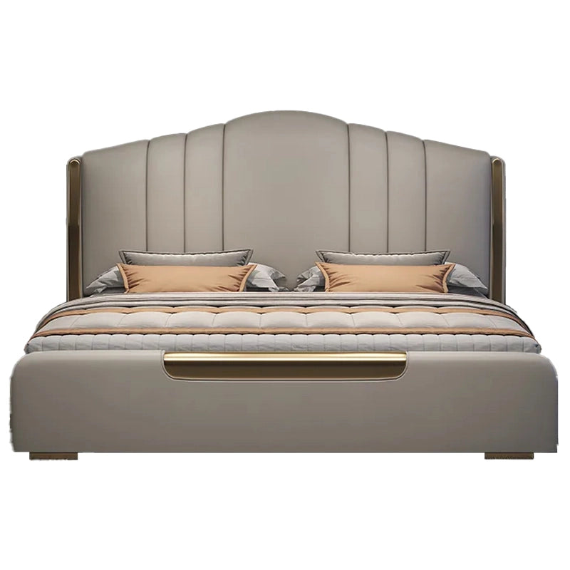 Hero view of Ibis upholstered bed with king size bed comfort, hydraulic storage bed convenience, gold accent footboard and luxurious wingback headboard design
