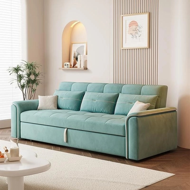 Equity pull out sofa bed fully extended into sleeping position showing sofa cum bed design, sleeper sofa comfort, guest bed conversion and L shape sofa cum bed functionality