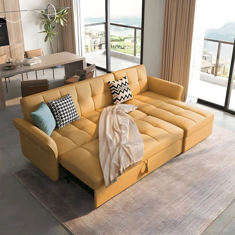 Right side profile view of sofa cum bed with convertible couch bed functionality, low ground clearance and contemporary minimalist styling