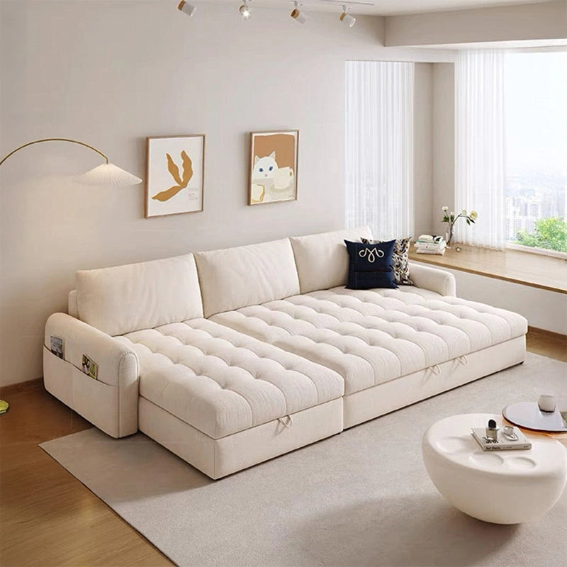 The Vesper is a space-smart L-shaped convertible couchRight side profile view of Vesper sofa cum bed with L shape couch bed configuration, low-profile design and contemporary minimalist stylingthat blends everyday practicality with clean-lined style