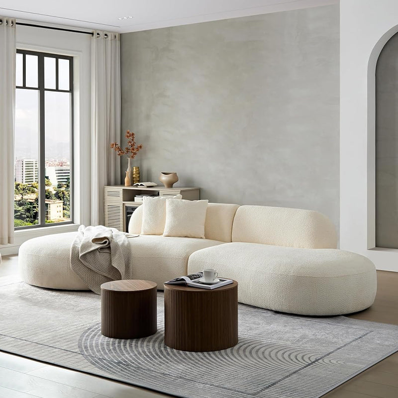 Close-up detail view of Sonnet living room sofa in brown bouclé fabric highlighting luxury couch craftsmanship, modern sofa styling and premium fabric sofa texture