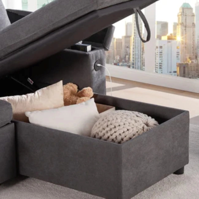 Right side profile view of storage sofa cum bed featuring pull out sofa bed functionality, low-profile silhouette and contemporary compact home styling