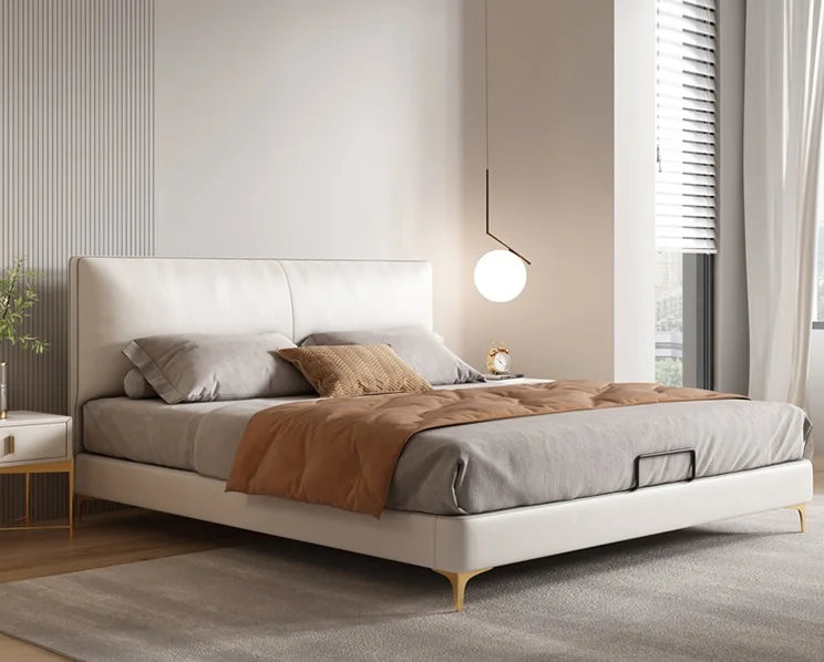 Double bed upholstered bed with hydraulic storage bed functionality, sturdy bed frame construction and clean low-profile silhouette