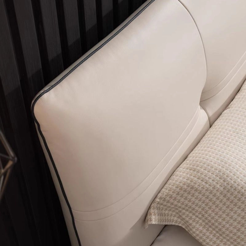 King size upholstered bed with stitched panel headboard, premium fabric upholstery and contemporary bed frame craftsmanship