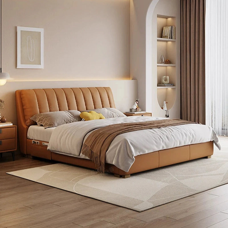 King size upholstered bed with vertically channel tufted headboard, premium fabric upholstery and integrated storage drawer functionality