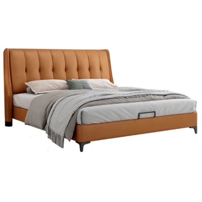 King size upholstered bed with vertical channel tufted headboard, faux leather upholstery and premium modern bed frame construction