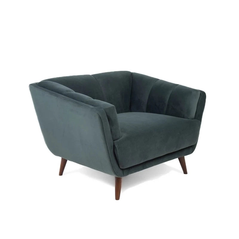 The durable cloth fabric upholstery pairs beautifully with tapered wooden legs in rich walnut and natural oak finishes.