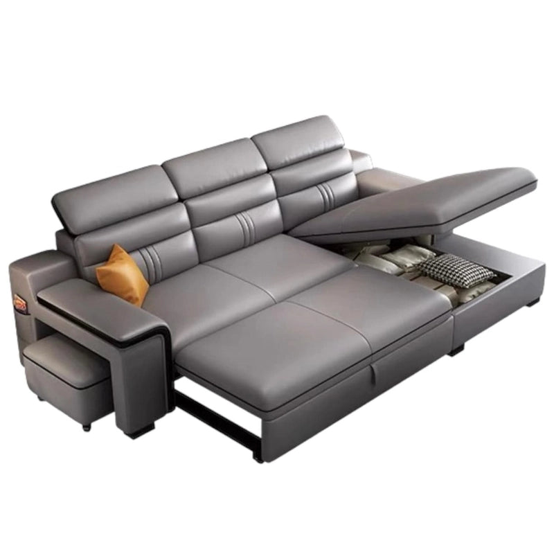 Upholstered in grey leatherette with contrast mustard cushions, the Cyris Sofa Cumm Bed converts smoothly from a three-seater couch into a full-size sleeper bed for guests.