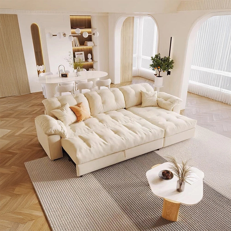 Close-up detail of Pallas sofacumbed featuring sofa cum bed design, button tufted cushions, soft fabric upholstery and supportive seating