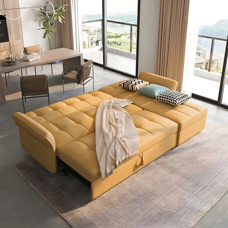 Flat bed conversion view of pull out sofa bed showcasing sofa cumm bed versatility, supportive sleep surface and easy manual transformation mechanism