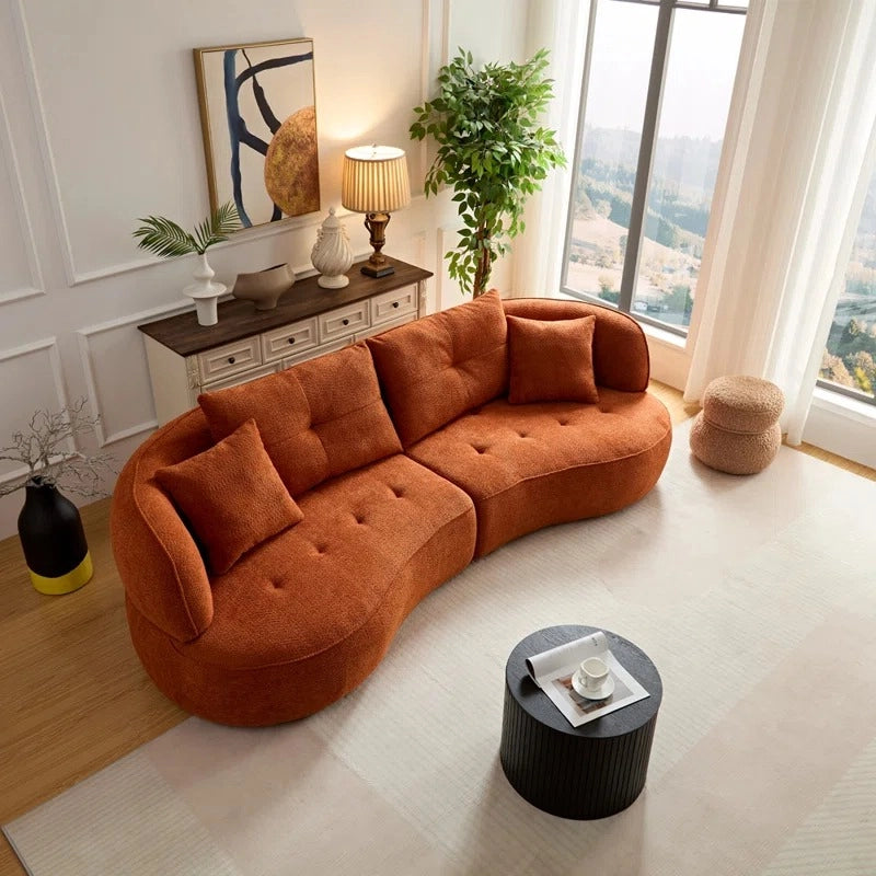 Close-up detail of Selestial fabric sofa showing premium boucle upholstery, luxury sofa set craftsmanship, lounge sofa comfort and elegant 3 seater sofa construction